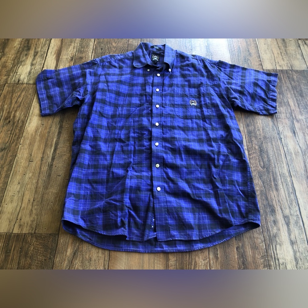 CINCH Mens Large Plaid Button Down Short Sleeve Shirt Purple Black Checkered Vtg